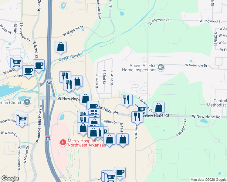 map of restaurants, bars, coffee shops, grocery stores, and more near 4100 South 41st Street in Rogers