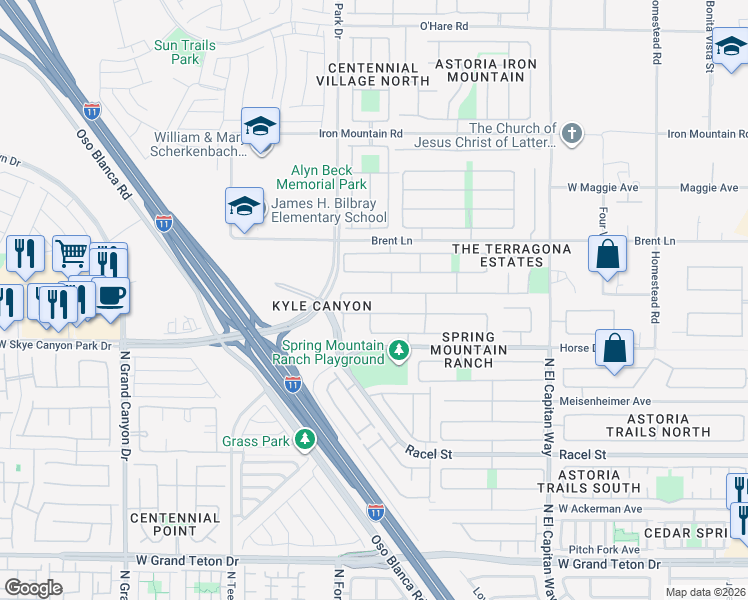 map of restaurants, bars, coffee shops, grocery stores, and more near 9121 Rusty Rifle Avenue in Las Vegas