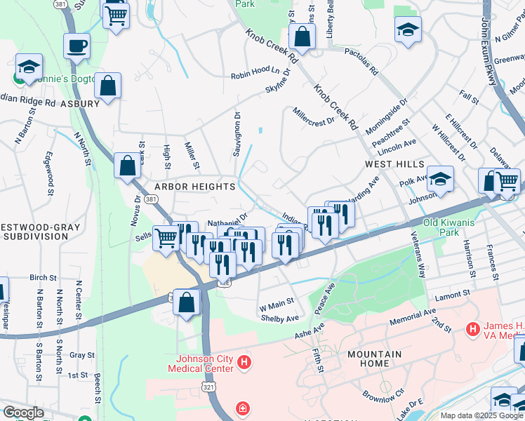 map of restaurants, bars, coffee shops, grocery stores, and more near 115 McCall Circle in Johnson City