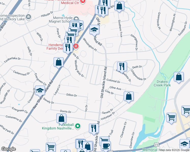 map of restaurants, bars, coffee shops, grocery stores, and more near 134 Iris Drive in Hendersonville