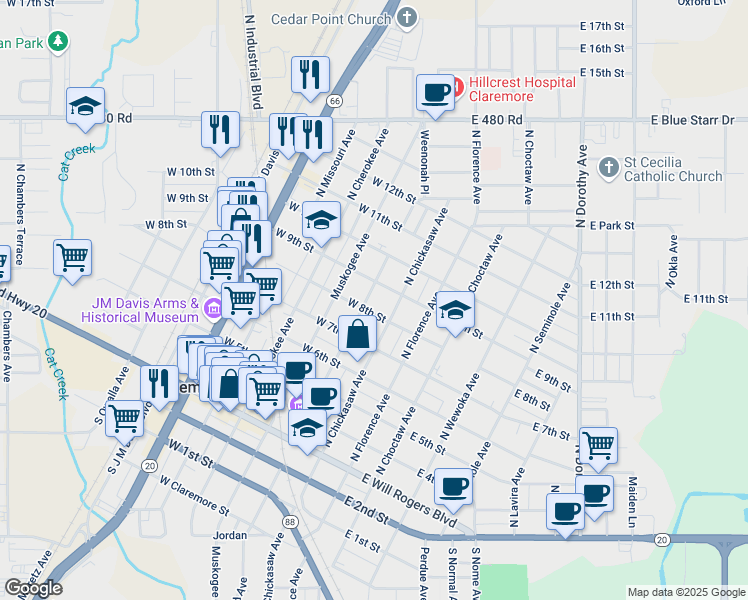 map of restaurants, bars, coffee shops, grocery stores, and more near 111 West 8th Street in Claremore