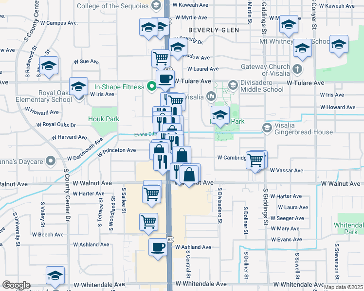 map of restaurants, bars, coffee shops, grocery stores, and more near 1741 South Central Street in Visalia