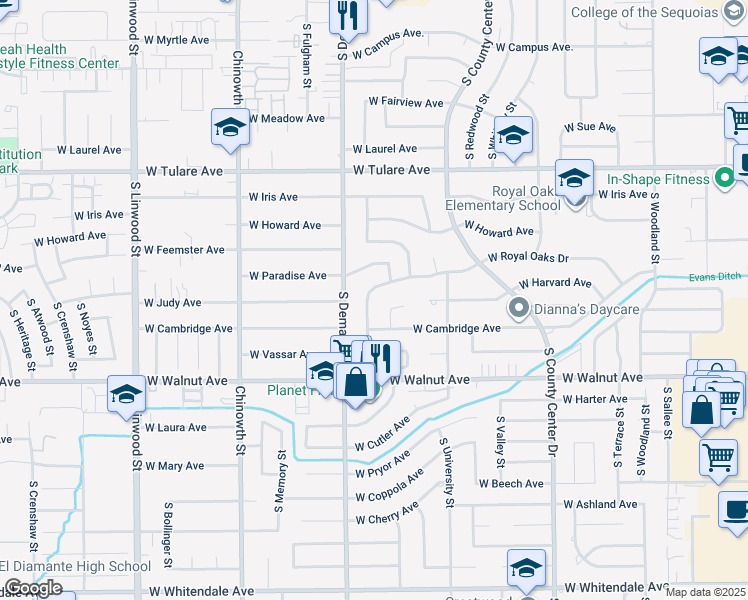 map of restaurants, bars, coffee shops, grocery stores, and more near 1727 South Royal Oaks Drive in Visalia
