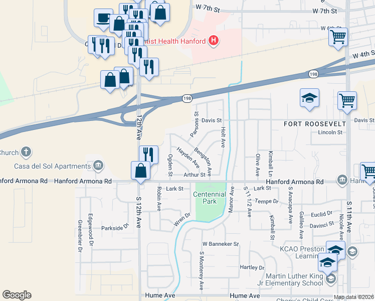 map of restaurants, bars, coffee shops, grocery stores, and more near 1455 Hayden Avenue in Hanford