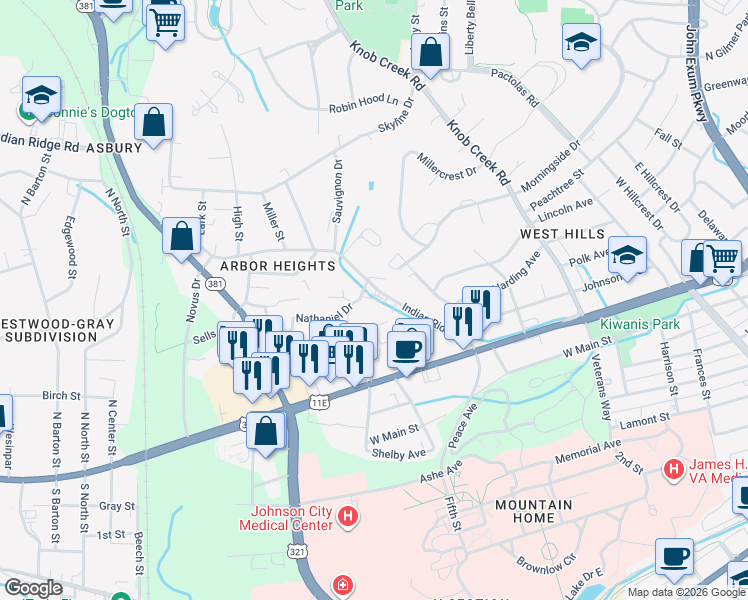 map of restaurants, bars, coffee shops, grocery stores, and more near 115 McCall Circle in Johnson City