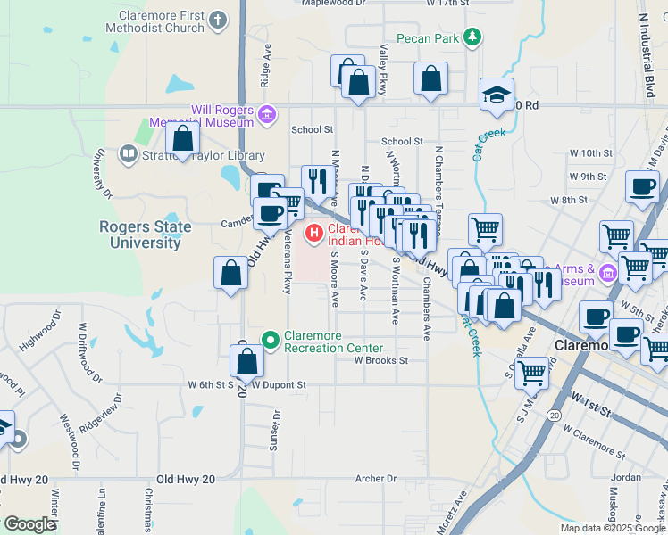 map of restaurants, bars, coffee shops, grocery stores, and more near 218 South Moore Avenue in Claremore