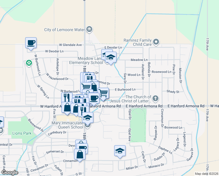 map of restaurants, bars, coffee shops, grocery stores, and more near 383 East Burlwood Lane in Lemoore