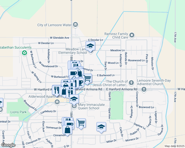 map of restaurants, bars, coffee shops, grocery stores, and more near 383 East Burlwood Lane in Lemoore