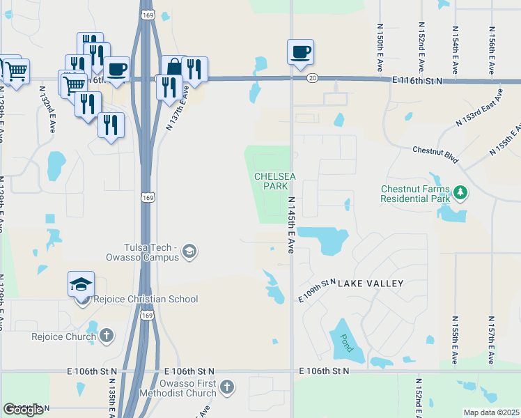 map of restaurants, bars, coffee shops, grocery stores, and more near 14302 East 111th Street North in Owasso