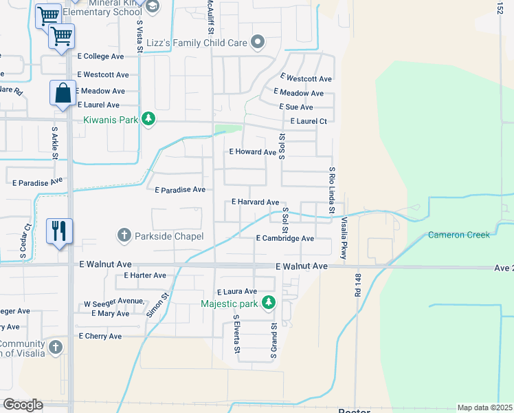 map of restaurants, bars, coffee shops, grocery stores, and more near 1743 Grand Street in Visalia