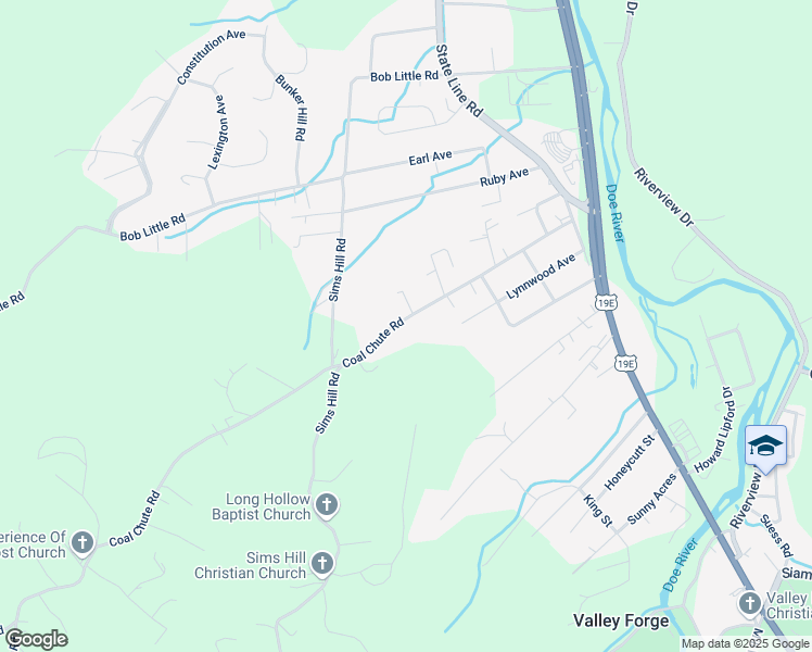 map of restaurants, bars, coffee shops, grocery stores, and more near 195 Coal Chute Road in Elizabethton