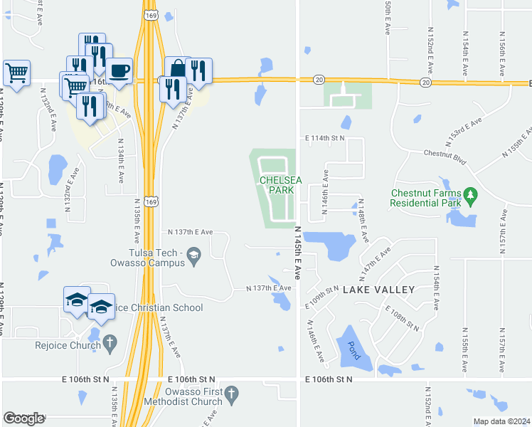 map of restaurants, bars, coffee shops, grocery stores, and more near 11108 North 143rd East Avenue in Owasso