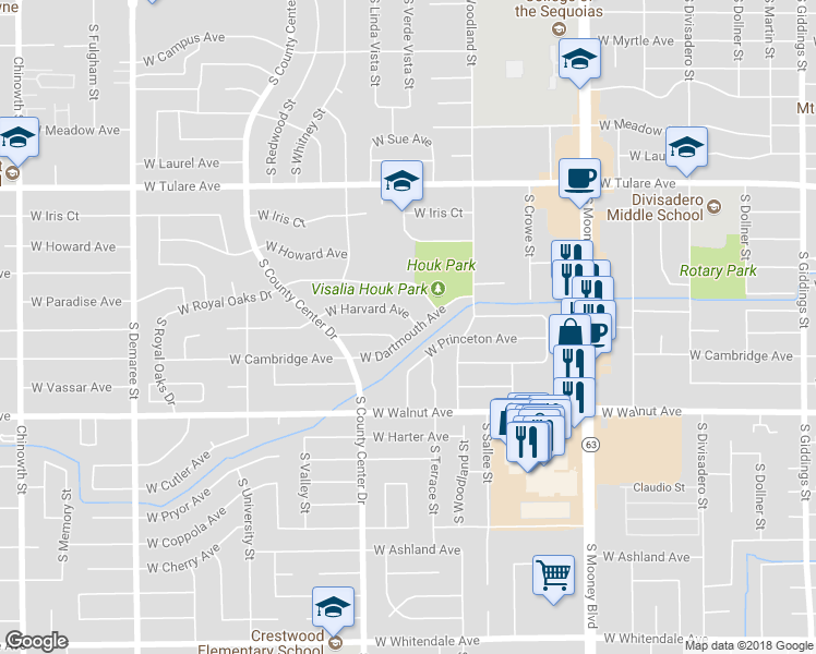 map of restaurants, bars, coffee shops, grocery stores, and more near 2709 West Harvard Avenue in Visalia