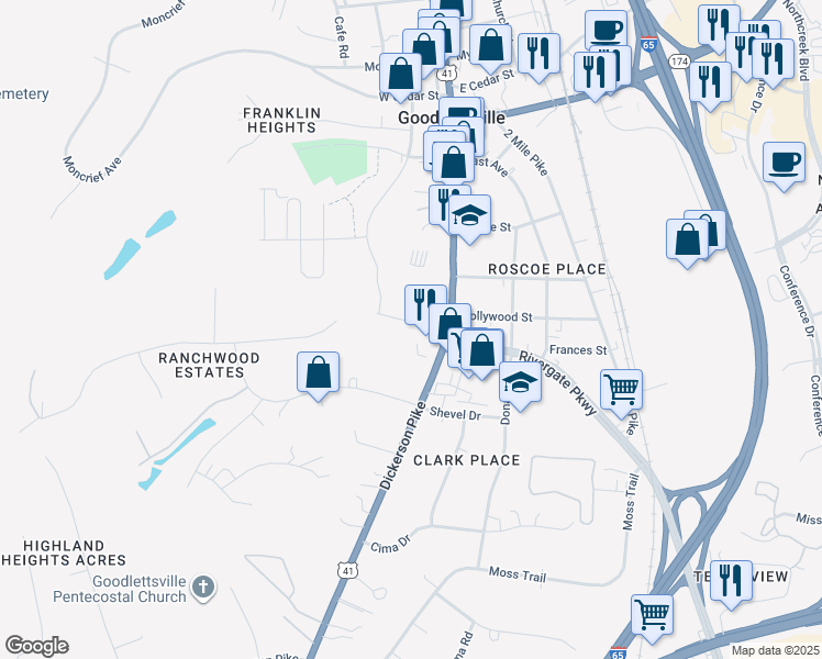 map of restaurants, bars, coffee shops, grocery stores, and more near 108 Harris Street in Goodlettsville
