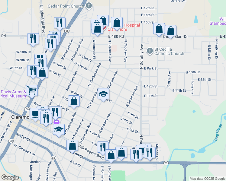 map of restaurants, bars, coffee shops, grocery stores, and more near 401 West 10th Street in Claremore