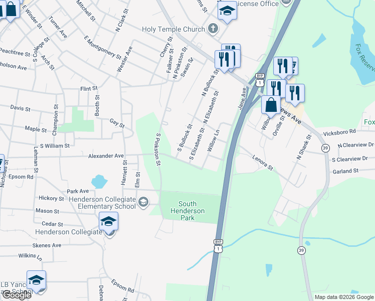 map of restaurants, bars, coffee shops, grocery stores, and more near 30 South Elizabeth Street in Henderson