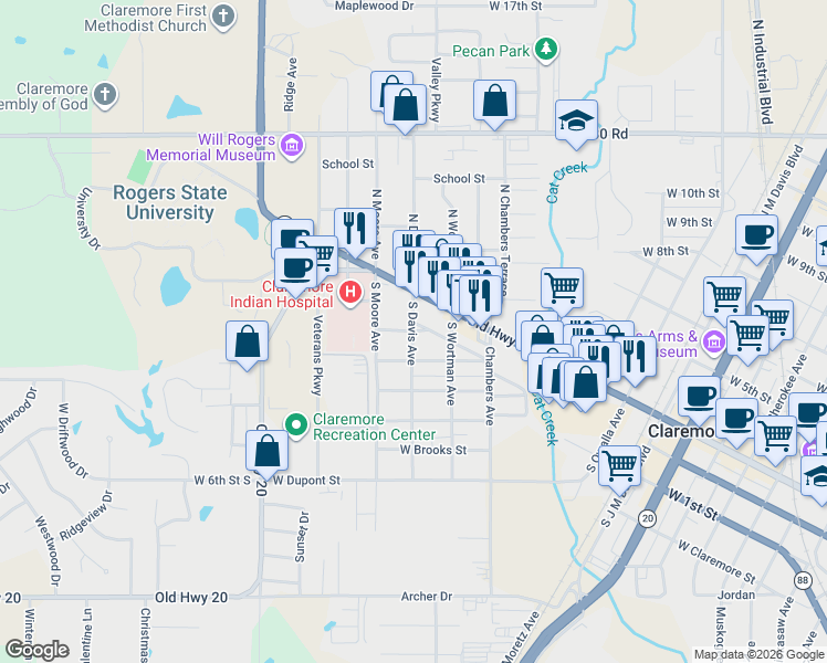 map of restaurants, bars, coffee shops, grocery stores, and more near 222 North Davis Avenue in Claremore