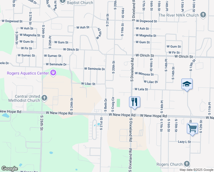 map of restaurants, bars, coffee shops, grocery stores, and more near 1805 South Beth Drive in Rogers