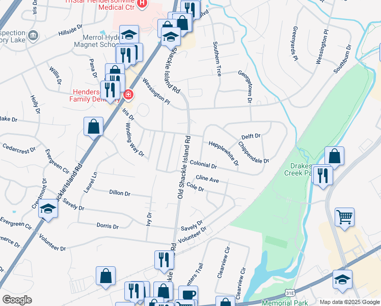 map of restaurants, bars, coffee shops, grocery stores, and more near 279 Old Shackle Island Road in Hendersonville