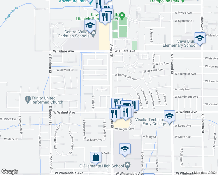 map of restaurants, bars, coffee shops, grocery stores, and more near 5313 West Judy Avenue in Visalia