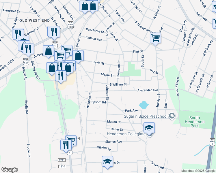 map of restaurants, bars, coffee shops, grocery stores, and more near 1101 Lehman Street in Henderson