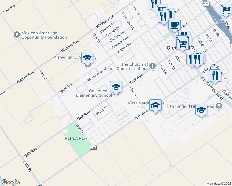 map of restaurants, bars, coffee shops, grocery stores, and more near 1239 Oak Avenue in Greenfield