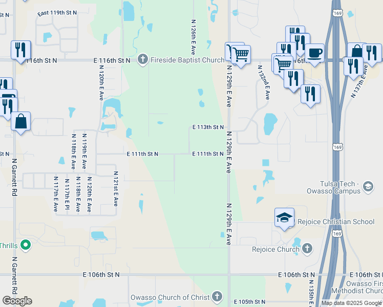 map of restaurants, bars, coffee shops, grocery stores, and more near 12603 East 111th Street North in Owasso