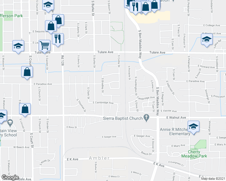 map of restaurants, bars, coffee shops, grocery stores, and more near 1115 East Princeton Avenue in Visalia