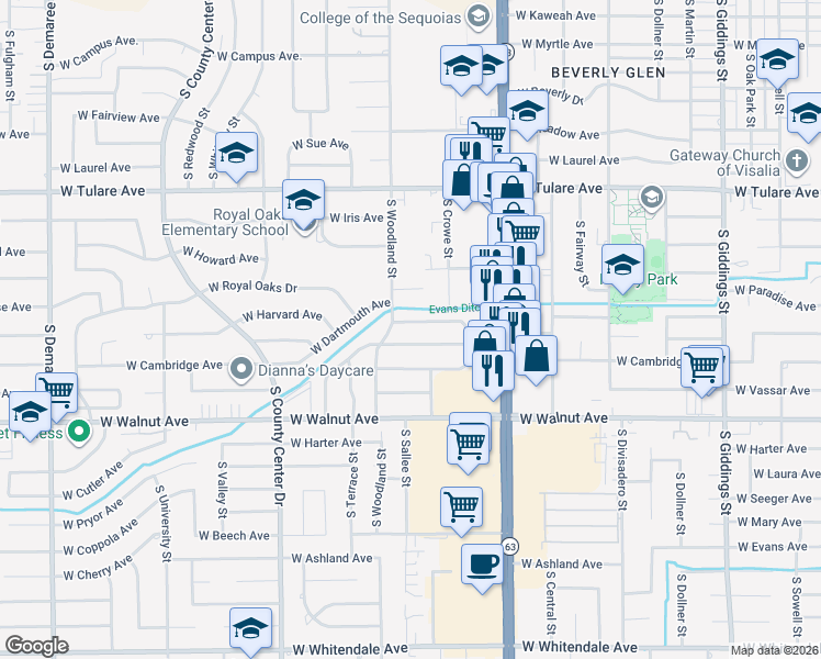 map of restaurants, bars, coffee shops, grocery stores, and more near 2419 West Harvard Avenue in Visalia