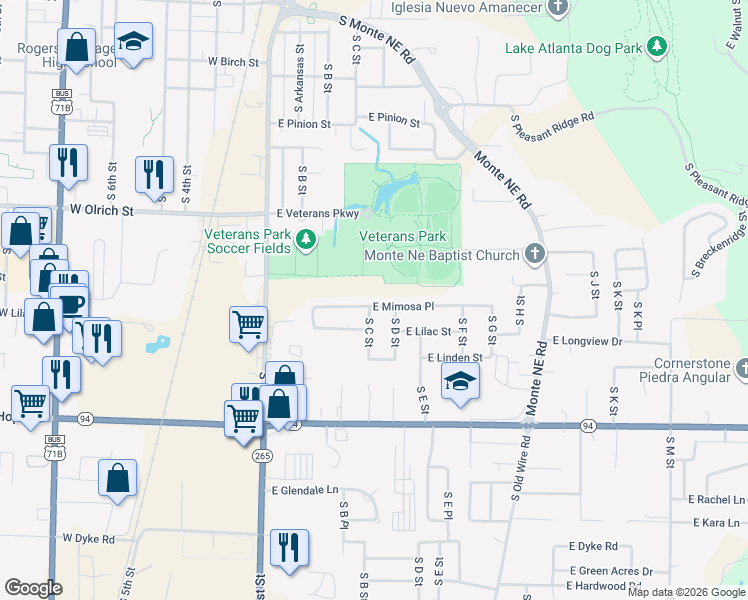 map of restaurants, bars, coffee shops, grocery stores, and more near 321 East Mimosa Place in Rogers
