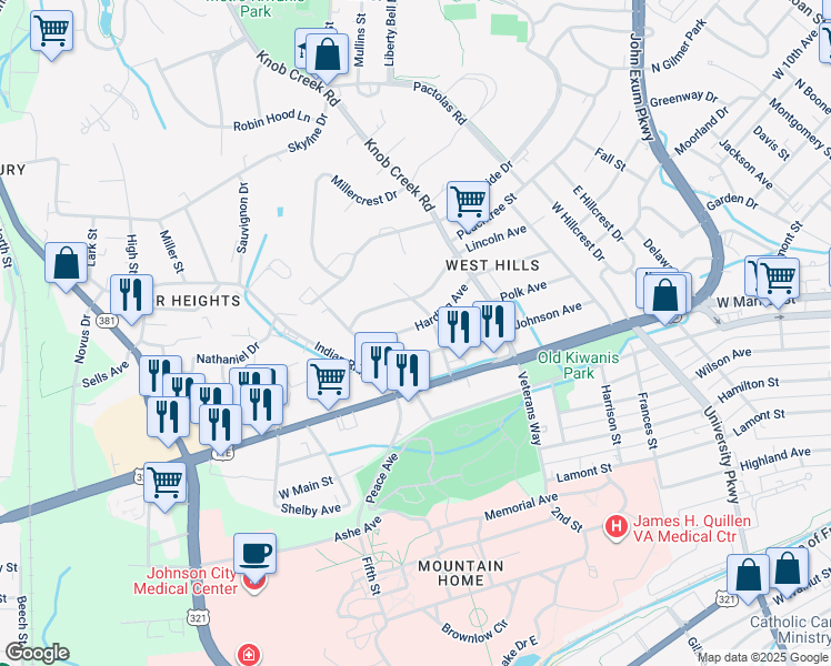 map of restaurants, bars, coffee shops, grocery stores, and more near 1005 Harding Avenue in Johnson City