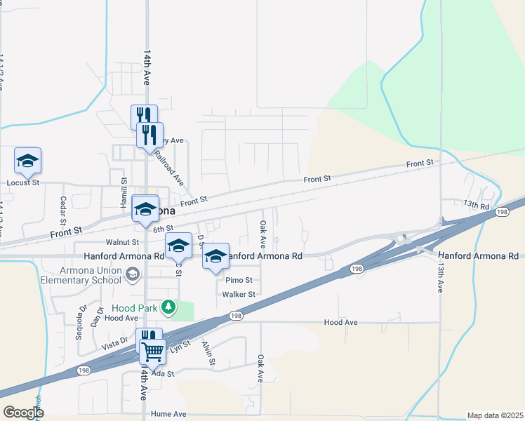 map of restaurants, bars, coffee shops, grocery stores, and more near 10672 Oak Avenue in Hanford