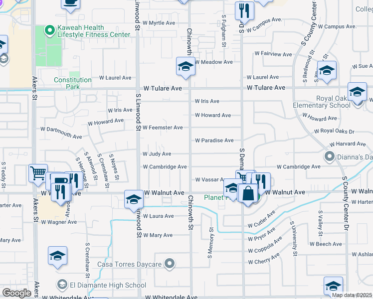 map of restaurants, bars, coffee shops, grocery stores, and more near 4203 West Feemster Avenue in Visalia