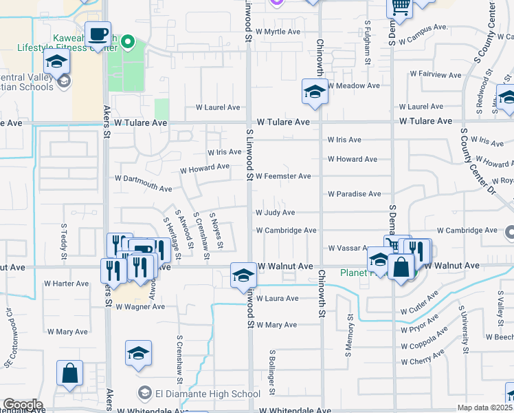 map of restaurants, bars, coffee shops, grocery stores, and more near 1546 South Linwood Street in Visalia
