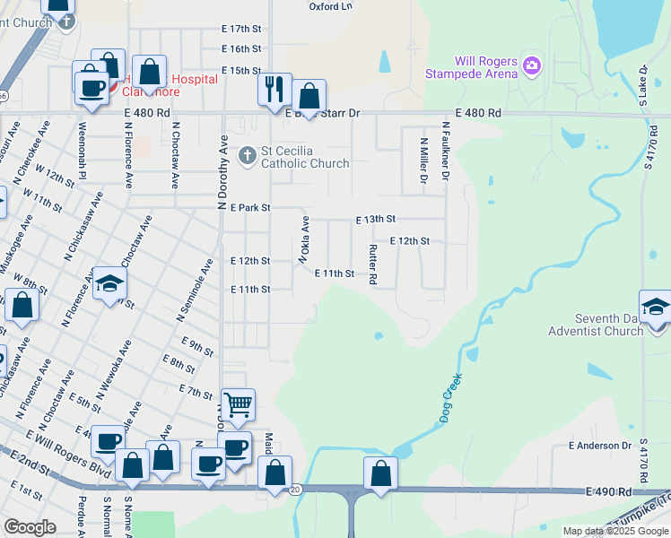 map of restaurants, bars, coffee shops, grocery stores, and more near 1119 North Kansas Avenue in Claremore
