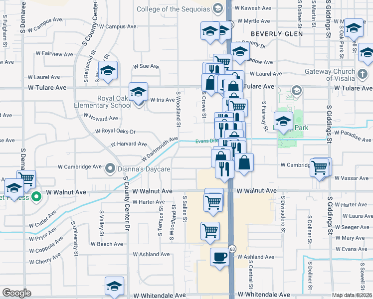 map of restaurants, bars, coffee shops, grocery stores, and more near 2419 West Harvard Avenue in Visalia