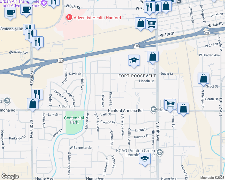 map of restaurants, bars, coffee shops, grocery stores, and more near 775 Kimball Lane in Hanford