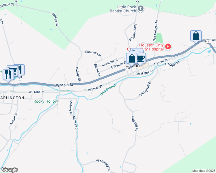 map of restaurants, bars, coffee shops, grocery stores, and more near 4414 West Main Street in Erin
