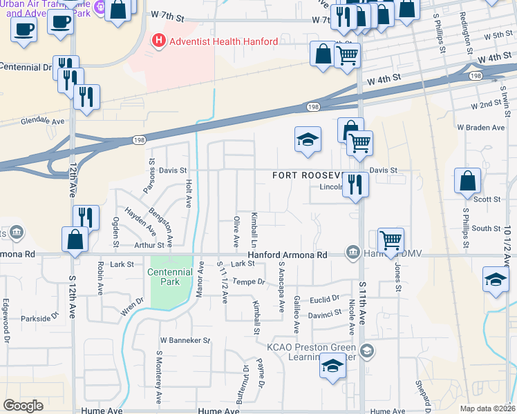 map of restaurants, bars, coffee shops, grocery stores, and more near 775 Kimball Lane in Hanford