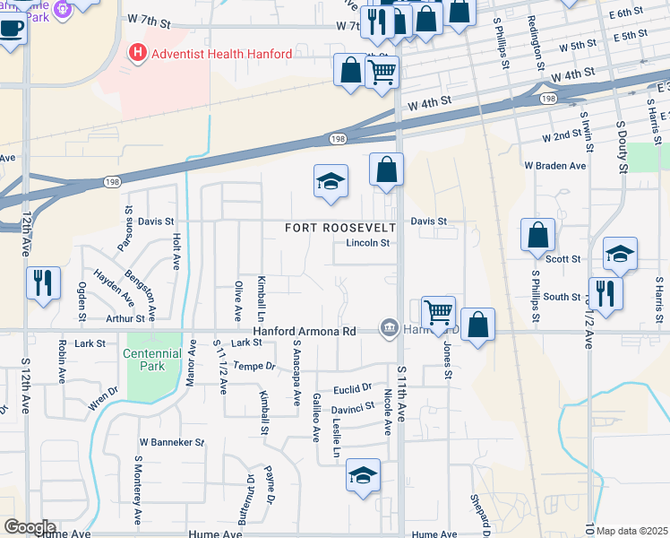 map of restaurants, bars, coffee shops, grocery stores, and more near 901 Washington Street in Hanford
