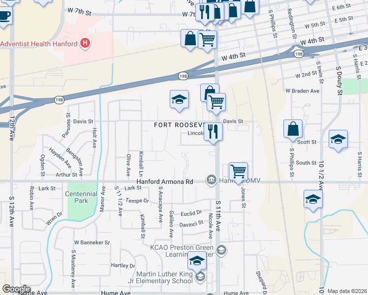map of restaurants, bars, coffee shops, grocery stores, and more near 781-787 Grant Street in Hanford