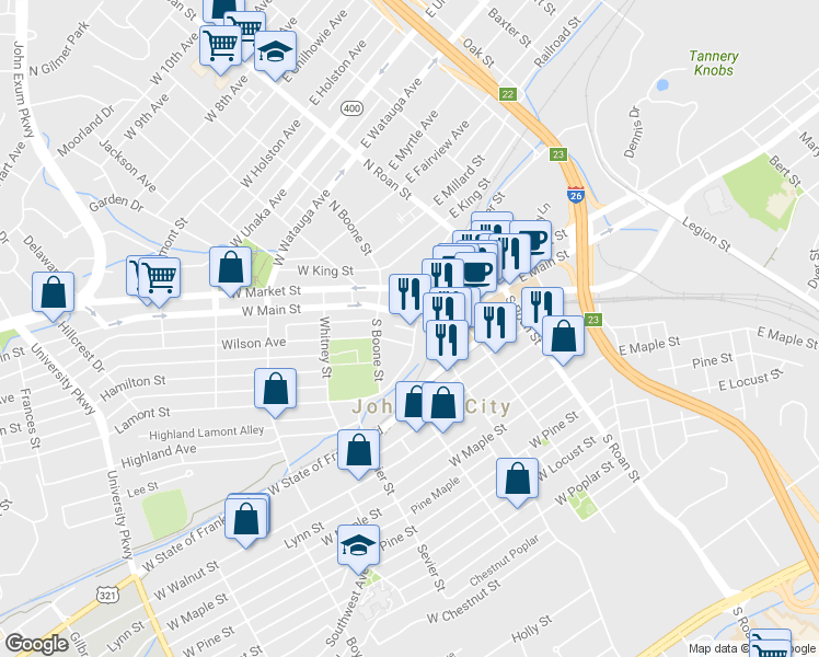 map of restaurants, bars, coffee shops, grocery stores, and more near 106 Commerce Street in Johnson City