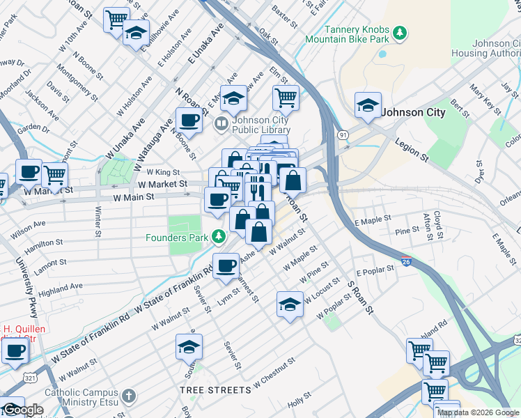 map of restaurants, bars, coffee shops, grocery stores, and more near 117 Spring Street in Johnson City