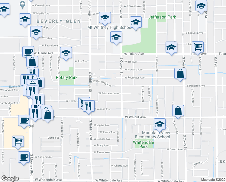 map of restaurants, bars, coffee shops, grocery stores, and more near 1006 West Princeton Avenue in Visalia