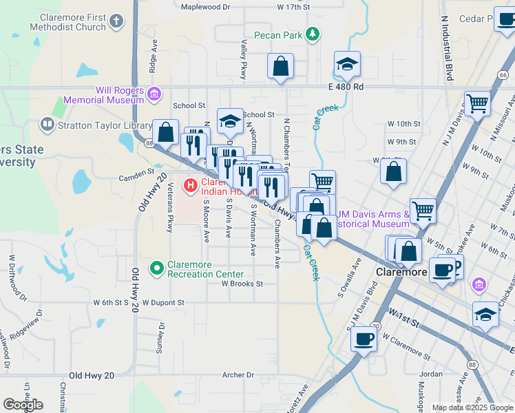 map of restaurants, bars, coffee shops, grocery stores, and more near 1220 West Will Rogers Boulevard in Claremore