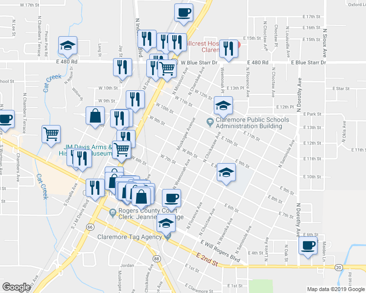 map of restaurants, bars, coffee shops, grocery stores, and more near 602 North Muskogee Avenue in Claremore