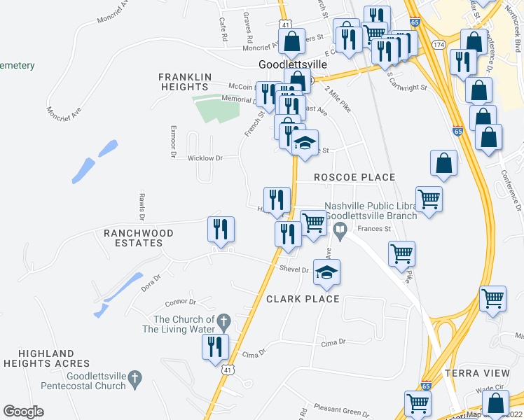 map of restaurants, bars, coffee shops, grocery stores, and more near 156 Harris Street in Goodlettsville