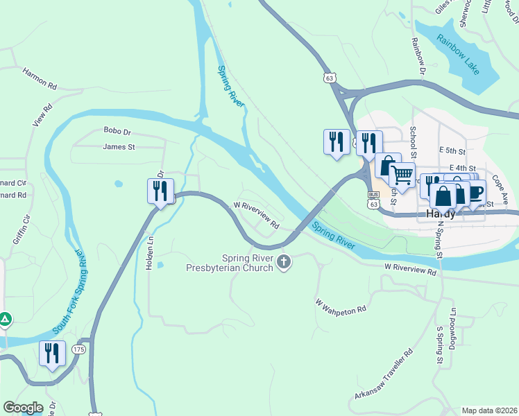 map of restaurants, bars, coffee shops, grocery stores, and more near 41 Rio Vista Circle in Hardy
