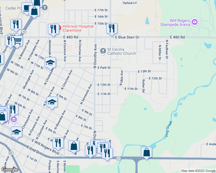 map of restaurants, bars, coffee shops, grocery stores, and more near 1006 North Osage Avenue in Claremore