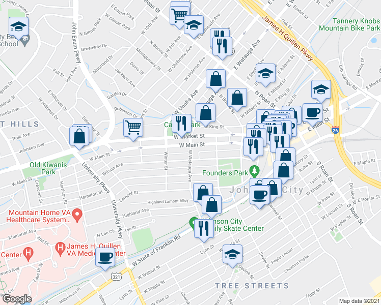 map of restaurants, bars, coffee shops, grocery stores, and more near West Watauga Avenue in Johnson City